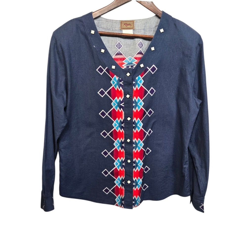 Vintage Roper Southwestern Geometric Print Shirt Womens Large Blue Studded